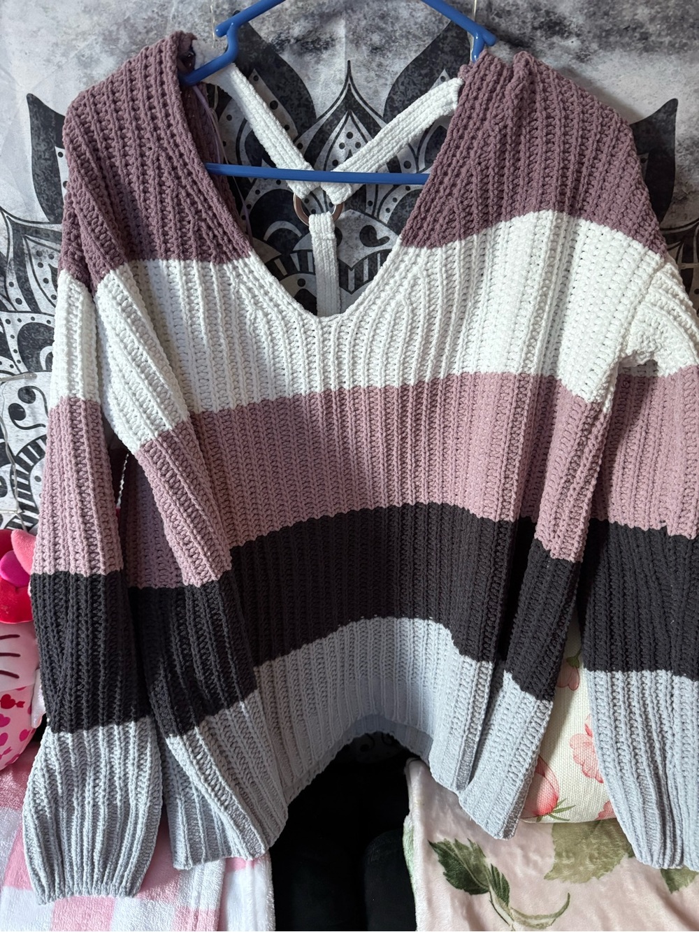 Love By Design Striped V-Neck Sweater in Mauve, White & Charcoal